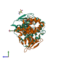 PDB entry 4bvx coloured by chain, side view.