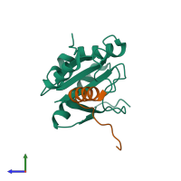 Hetero dimeric assembly 1 of PDB entry 4bwq coloured by chemically distinct molecules, side view.