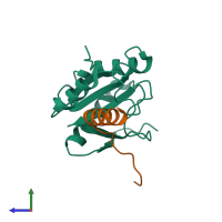 Hetero dimeric assembly 2 of PDB entry 4bwq coloured by chemically distinct molecules, side view.