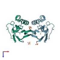 PDB entry 4bwt coloured by chain, top view.