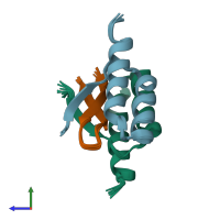 PDB entry 4bxl coloured by chain, ensemble of 10 models, side view.