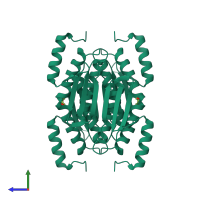 Homo tetrameric assembly 1 of PDB entry 4c45 coloured by chemically distinct molecules, side view.