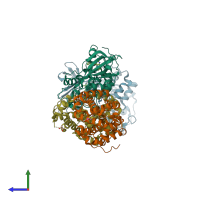 PDB entry 4cfn coloured by chain, side view.