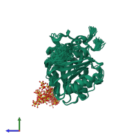 PDB entry 4cg3 coloured by chain, ensemble of 77 models, side view.