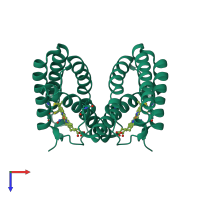 Homo dimeric assembly 1 of PDB entry 4cjg coloured by chemically distinct molecules, top view.