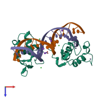 Hetero tetrameric assembly 1 of PDB entry 4cn5 coloured by chemically distinct molecules, top view.