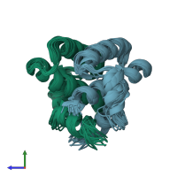 PDB entry 4cpg coloured by chain, ensemble of 20 models, side view.