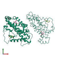 Homo dimeric assembly 1 of PDB entry 4csm coloured by chemically distinct molecules, front view.