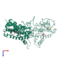Homo dimeric assembly 1 of PDB entry 4csm coloured by chemically distinct molecules, top view.