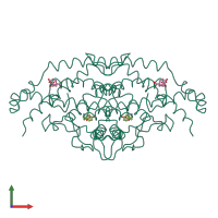 Homo dimeric assembly 2 of PDB entry 4csm coloured by chemically distinct molecules, front view.