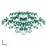 Homo dimeric assembly 3 of PDB entry 4csm coloured by chemically distinct molecules, front view.