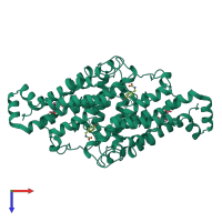 Homo dimeric assembly 3 of PDB entry 4csm coloured by chemically distinct molecules, top view.