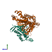 Hetero dimeric assembly 1 of PDB entry 4d0n coloured by chemically distinct molecules, side view.