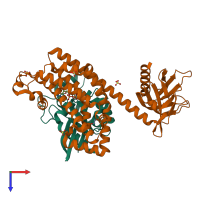 Hetero dimeric assembly 1 of PDB entry 4d0n coloured by chemically distinct molecules, top view.