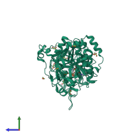 Hetero dimeric assembly 6 of PDB entry 4d0z coloured by chemically distinct molecules, side view.