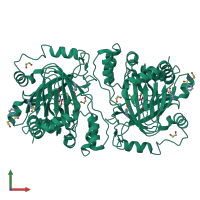Homo dimeric assembly 1 of PDB entry 4d6r coloured by chemically distinct molecules, front view.