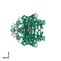 Homo dimeric assembly 1 of PDB entry 4d6r coloured by chemically distinct molecules, side view.