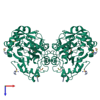Homo dimeric assembly 1 of PDB entry 4d6r coloured by chemically distinct molecules, top view.