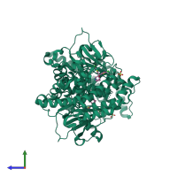 Homo dimeric assembly 1 of PDB entry 4da5 coloured by chemically distinct molecules, side view.