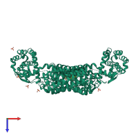 Homo dimeric assembly 5 of PDB entry 4daj coloured by chemically distinct molecules, top view.