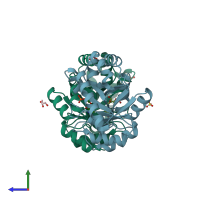 PDB entry 4dbe coloured by chain, side view.