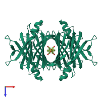 Homo tetrameric assembly 1 of PDB entry 4des coloured by chemically distinct molecules, top view.