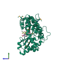 Monomeric assembly 1 of PDB entry 4dfu coloured by chemically distinct molecules, side view.