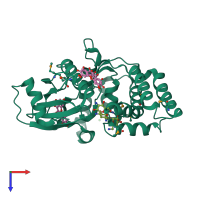 Monomeric assembly 2 of PDB entry 4dfu coloured by chemically distinct molecules, top view.