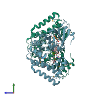 PDB entry 4dfu coloured by chain, side view.