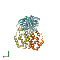 PDB entry 4dge coloured by chain, side view.