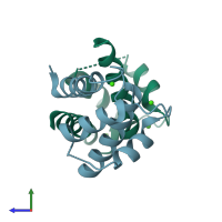 PDB entry 4dir coloured by chain, side view.