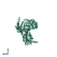 Homo dimeric assembly 2 of PDB entry 4djh coloured by chemically distinct molecules, side view.