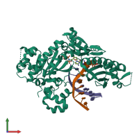 Hetero trimeric assembly 1 of PDB entry 4dl5 coloured by chemically distinct molecules, front view.