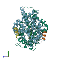 PDB entry 4dm6 coloured by chain, side view.