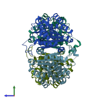 PDB entry 4dml coloured by chain, side view.