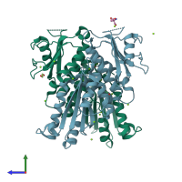 PDB entry 4dmz coloured by chain, side view.