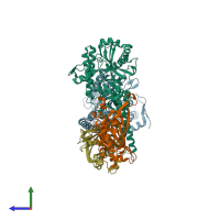 PDB entry 4drf coloured by chain, side view.