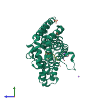 PDB entry 4dwg coloured by chain, side view.