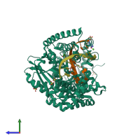 PDB entry 4dwi coloured by chain, side view.