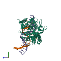 PDB entry 4dwp coloured by chain, side view.