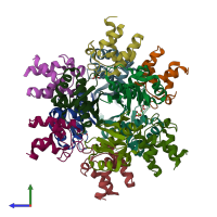 PDB entry 4dxe coloured by chain, side view.