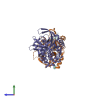 Hetero trimeric assembly 1 of PDB entry 4dy7 coloured by chemically distinct molecules, side view.