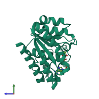 Monomeric assembly 1 of PDB entry 4e03 coloured by chemically distinct molecules, side view.
