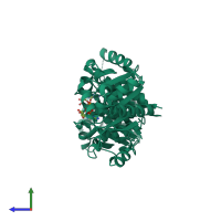 Homo dimeric assembly 3 of PDB entry 4e03 coloured by chemically distinct molecules, side view.