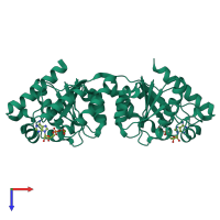 Homo dimeric assembly 3 of PDB entry 4e03 coloured by chemically distinct molecules, top view.