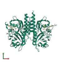 Homo dimeric assembly 1 of PDB entry 4e04 coloured by chemically distinct molecules, front view.