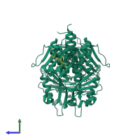 Homo dimeric assembly 1 of PDB entry 4e04 coloured by chemically distinct molecules, side view.