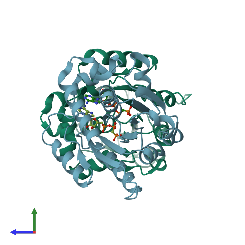 <div class='caption-body'><ul class ='image_legend_ul'>The deposited structure of PDB entry 4e07 coloured by chain and viewed from the side. The entry contains: <li class ='image_legend_li'>2 copies of Plasmid partitioning protein ParF</li><li class ='image_legend_li'>[]<ul class ='image_legend_ul'><li class ='image_legend_li'>2 copies of PHOSPHOMETHYLPHOSPHONIC ACID ADENYLATE ESTER</li></ul></li></div>