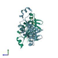 PDB entry 4e0q coloured by chain, side view.