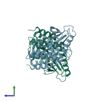 PDB entry 4e26 coloured by chain, side view.